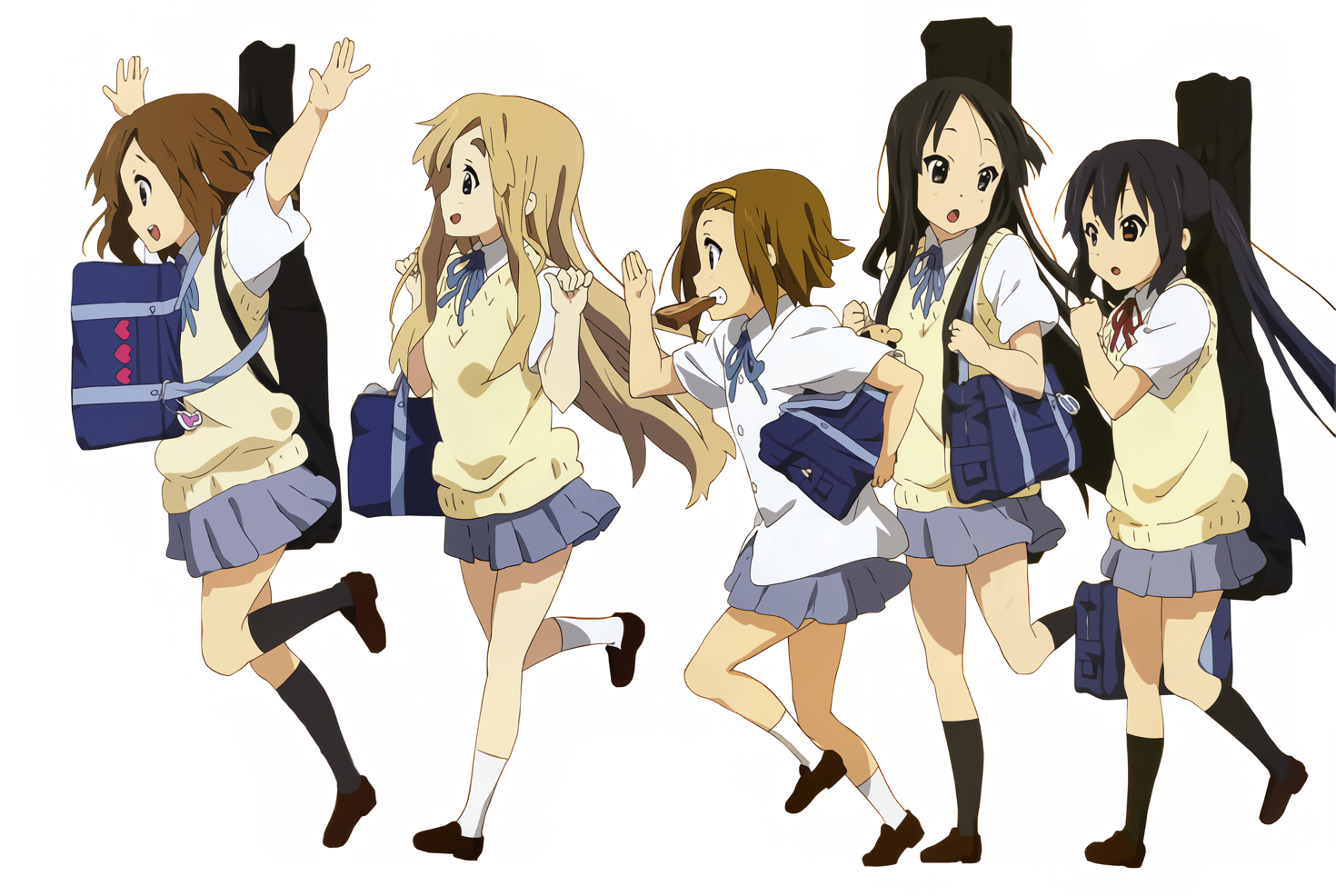 the members of k-on's ho-kago tea time band walking excitedly